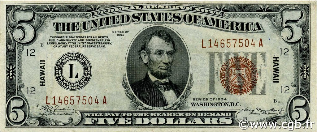 5 Dollars HAWAII  1934 P.37 fST