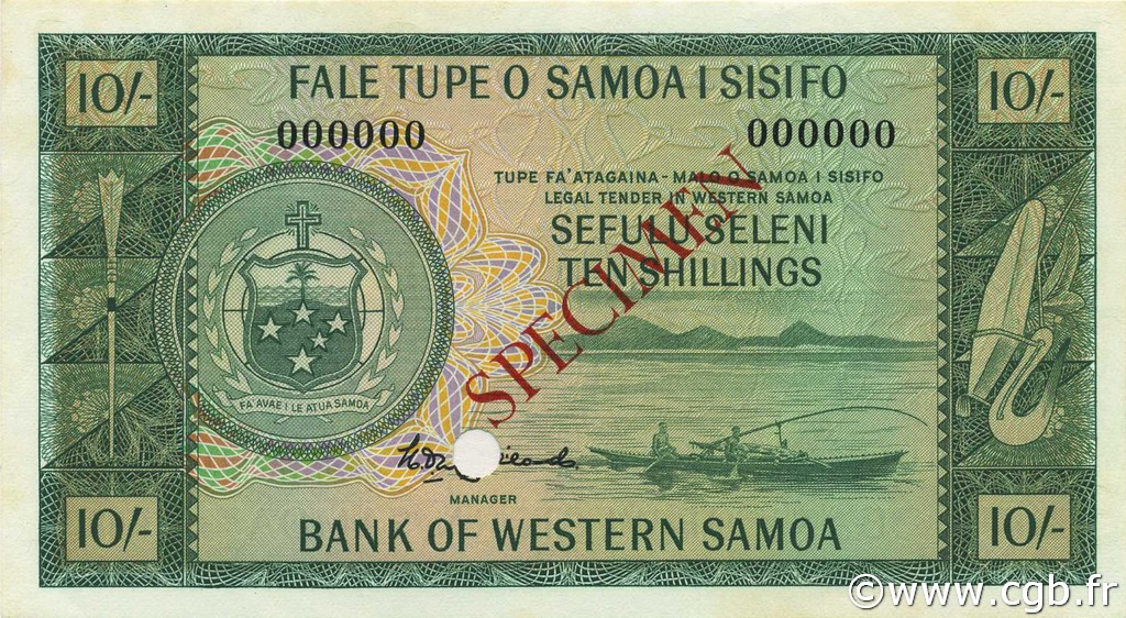 10 Shillings Spécimen SAMOA  1963 P.13s pr.NEUF