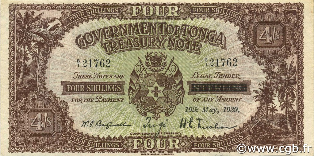 4 Shillings TONGA  1939 P.05b fVZ