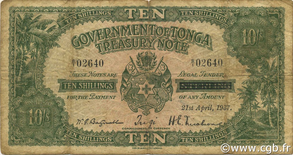 10 Shillings TONGA  1937 P.06 RC+