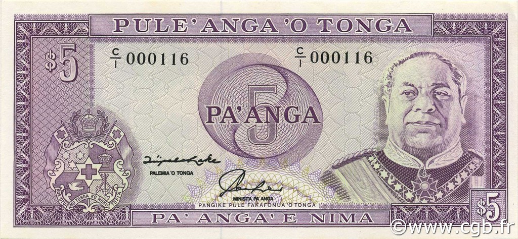 5 Pa anga TONGA  1992 P.27 UNC