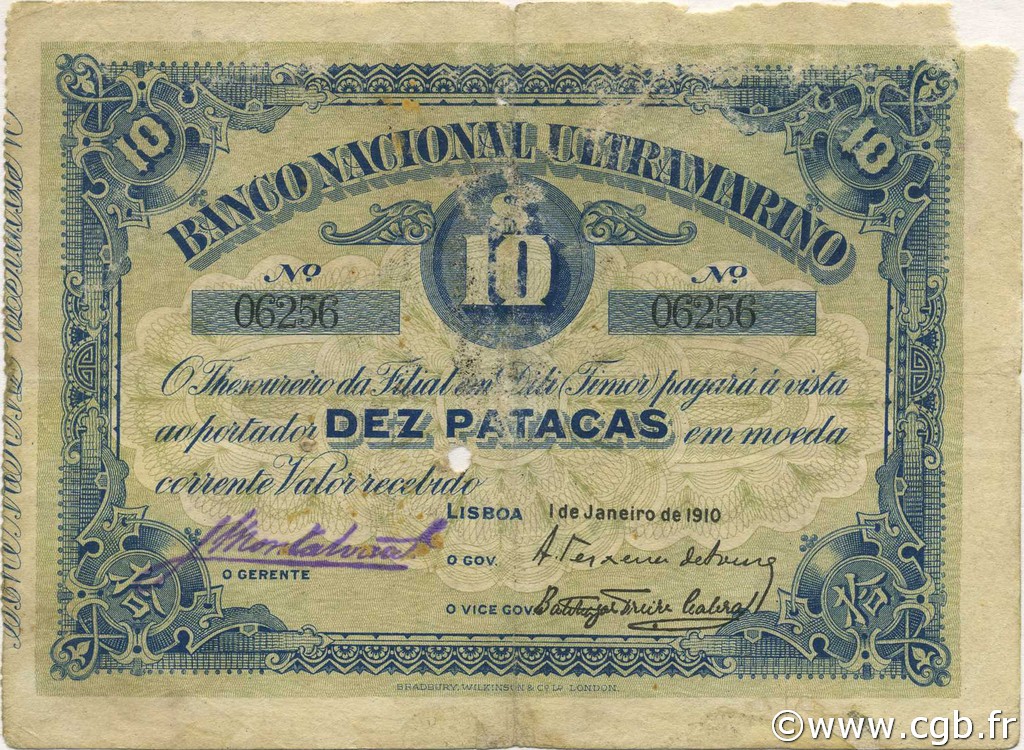 10 Patacas TIMOR  1910 P.03 RC+