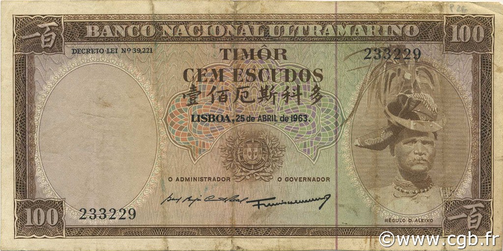 100 Escudos TIMOR  1963 P.28a BB