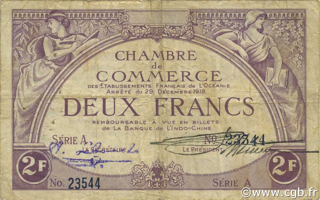 2 Francs OCEANIA  1919 P.04 MB a BB