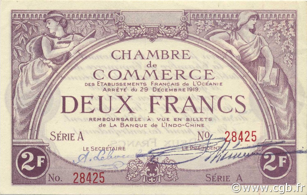 2 Francs OCEANIA  1919 P.04 fST+
