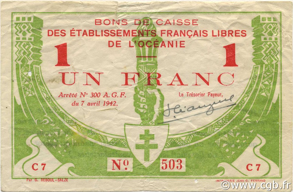 1 Franc OCEANIA  1942 P.08 VF