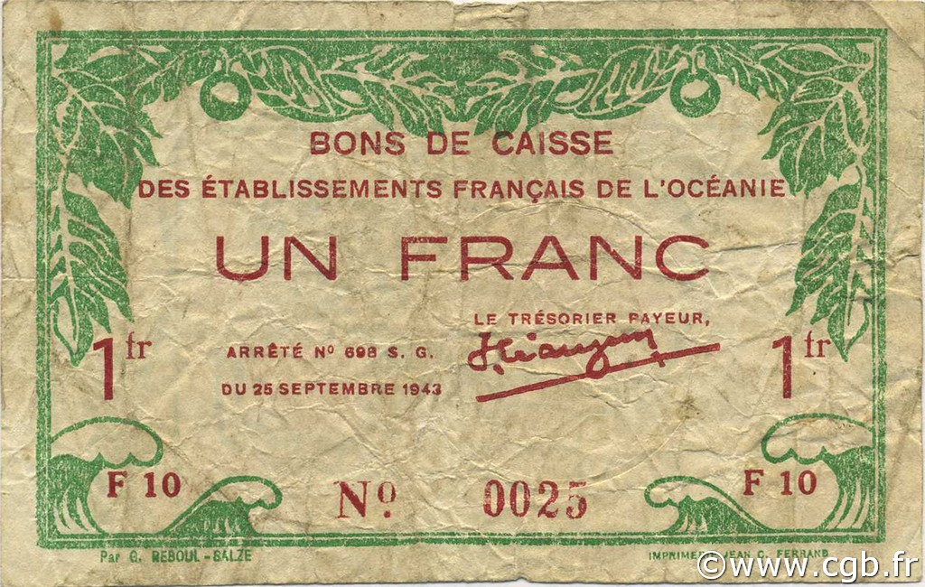 1 Franc OCEANIA  1943 P.11c F