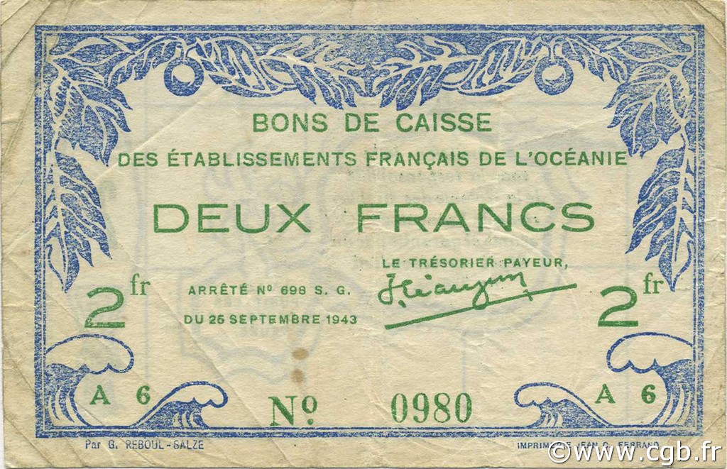 2 Francs OCEANIA  1943 P.12c VF