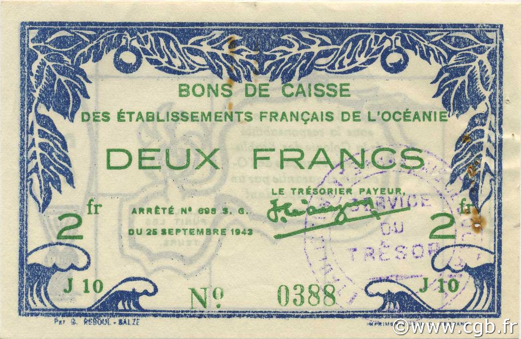 2 Francs OCEANIA  1943 P.12a XF