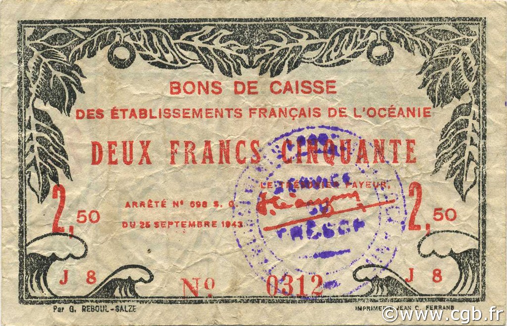 2,5 Francs OCEANIA  1943 P.13a SS
