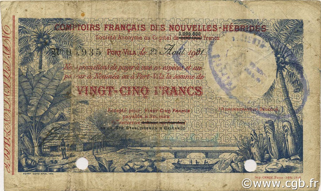 25 Francs NEW HEBRIDES  1921 P.A1 F-