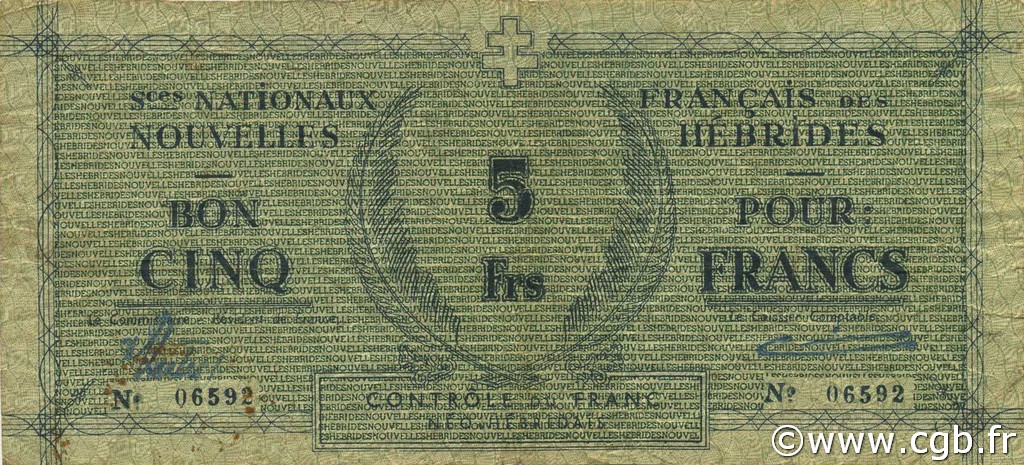 5 Francs NUEVAS HÉBRIDAS  1943 P.01 BC+