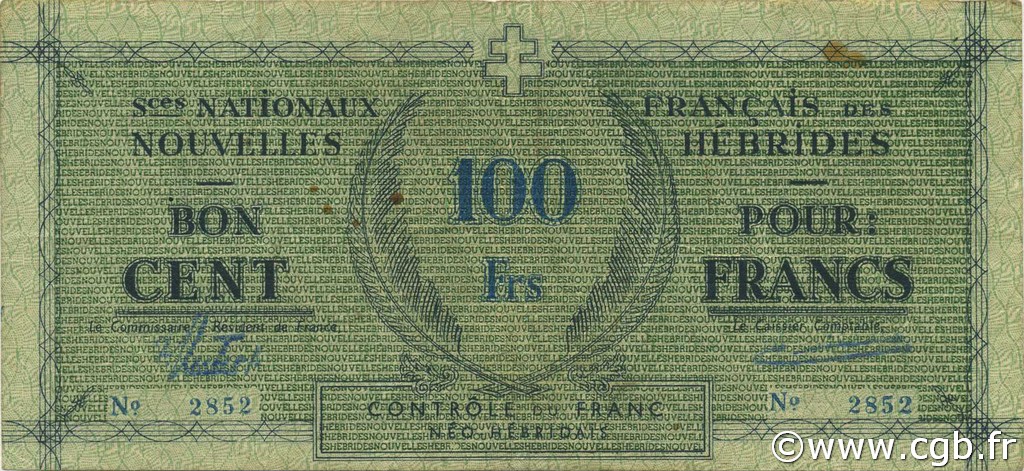 100 Francs NUEVAS HÉBRIDAS  1943 P.03 MBC+