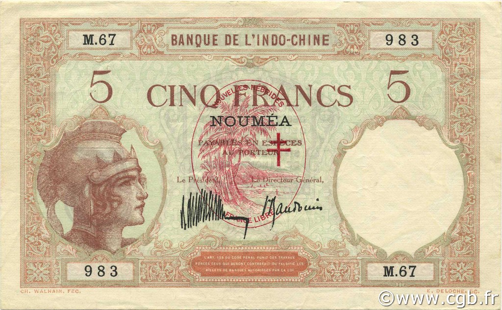 5 Francs NUEVAS HÉBRIDAS  1941 P.04a MBC+