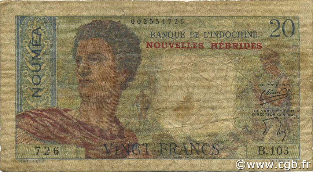 20 Francs NEW HEBRIDES  1951 P.08a VG