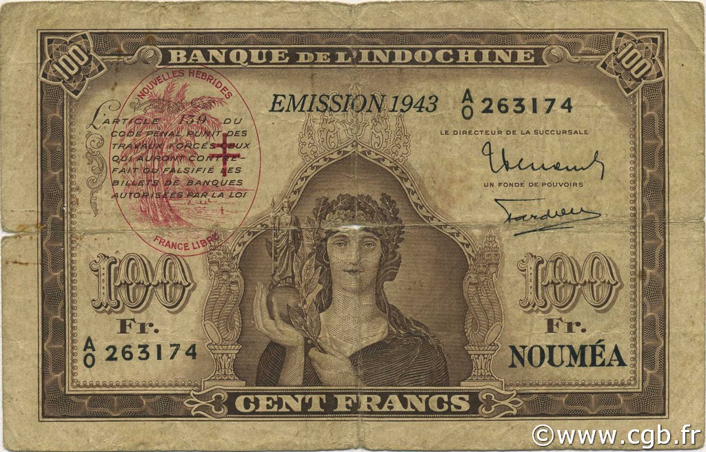 100 Francs NUOVE EBRIDI  1943 P.11 q.MB