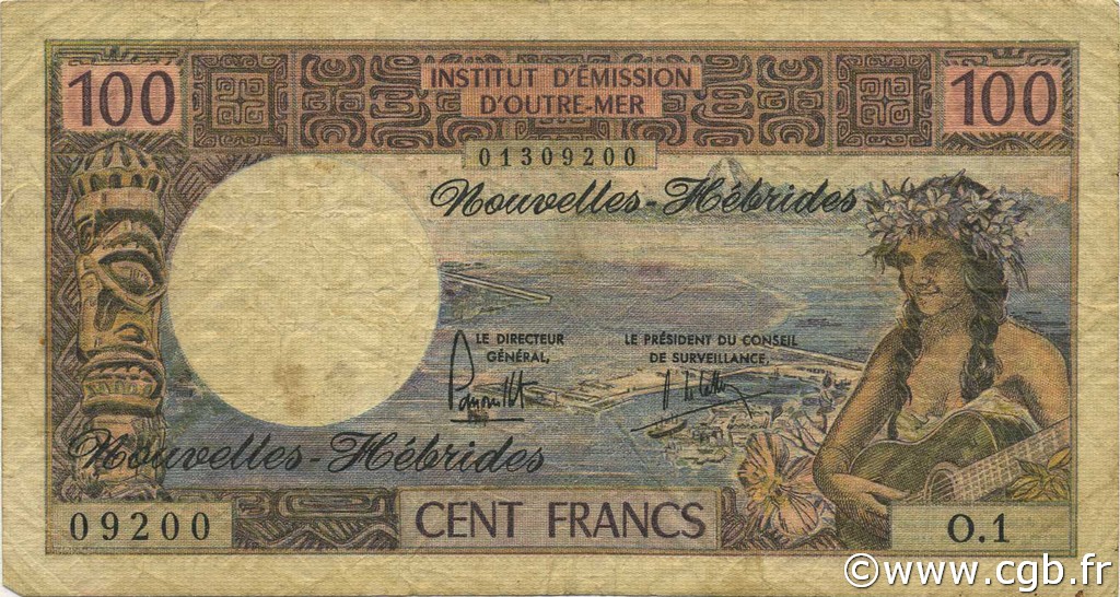 100 Francs NUOVE EBRIDI  1975 P.18c q.MB