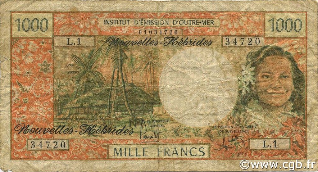 1000 Francs NUEVAS HÉBRIDAS  1975 P.20b RC+