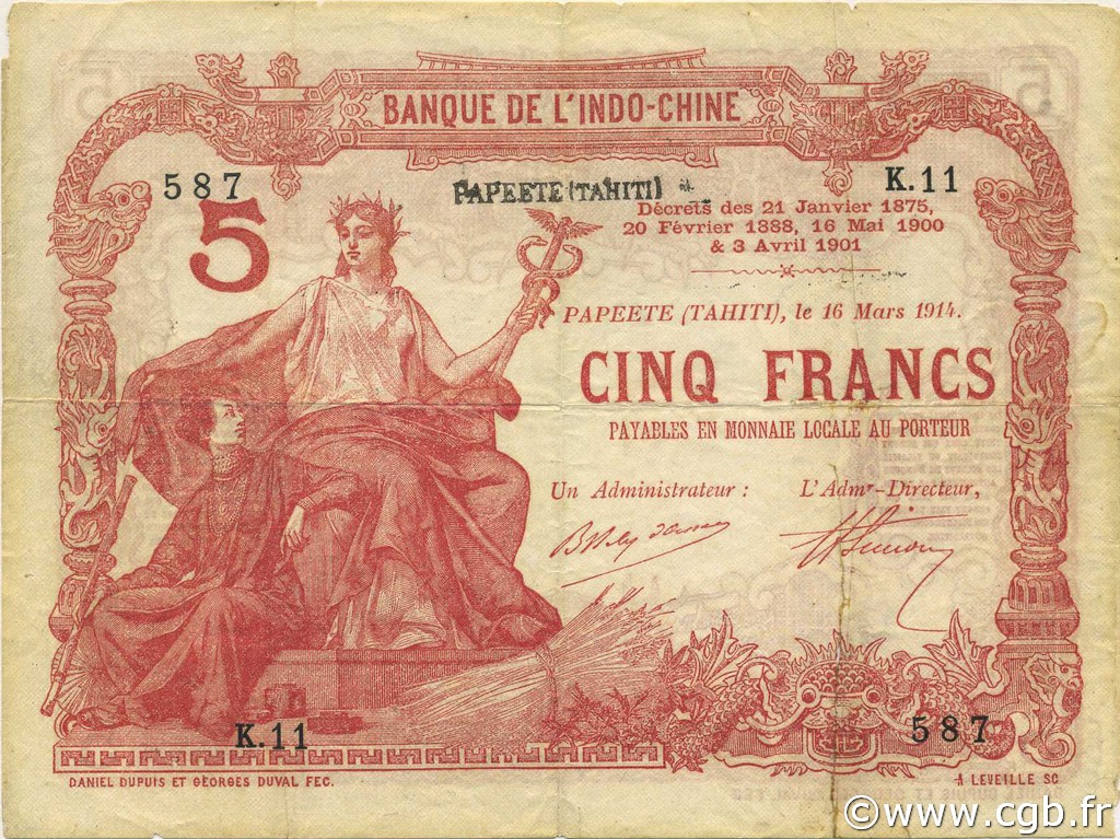 5 Francs TAHITI  1914 P.01a BC+
