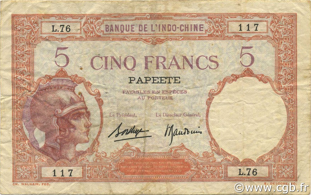 5 Francs TAHITI  1936 P.11c BB
