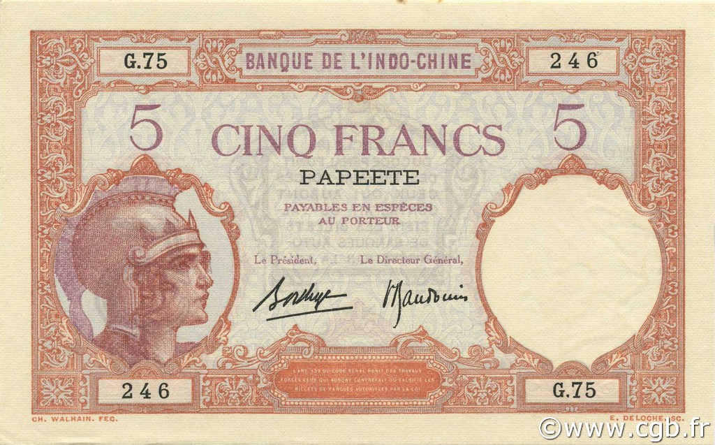 5 Francs TAHITI  1936 P.11c UNC-