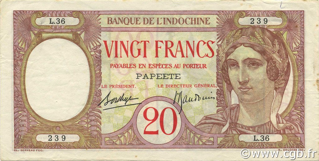 20 Francs TAHITI  1936 P.12c MBC+