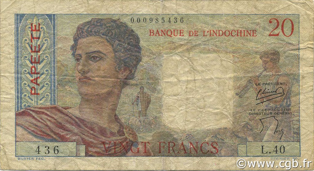 20 Francs TAHITI  1954 P.21b F+
