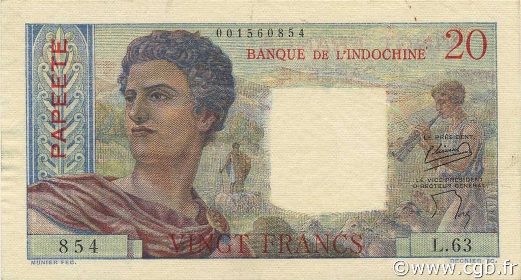 20 Francs TAHITI  1954 P.21b EBC