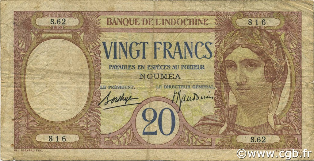 20 Francs NEW CALEDONIA  1936 P.37b VG