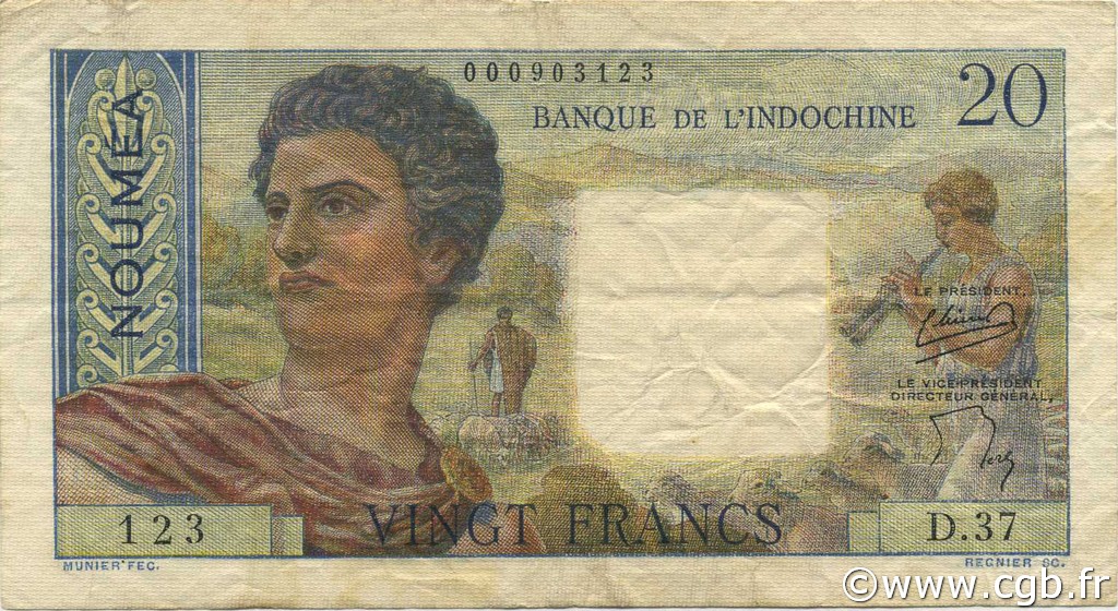20 Francs NOUVELLE CALÉDONIE  1954 P.50b BB