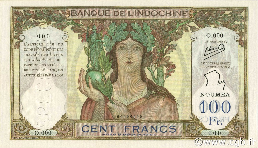 100 Francs Spécimen NOUVELLE CALÉDONIE  1957 P.42ds UNC