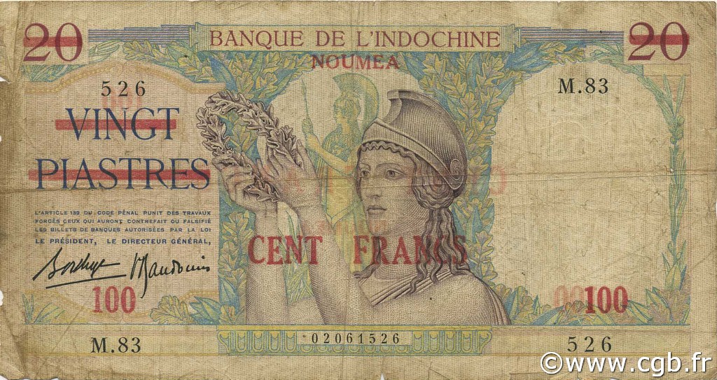 100 Francs NEW CALEDONIA  1939 P.39 VG