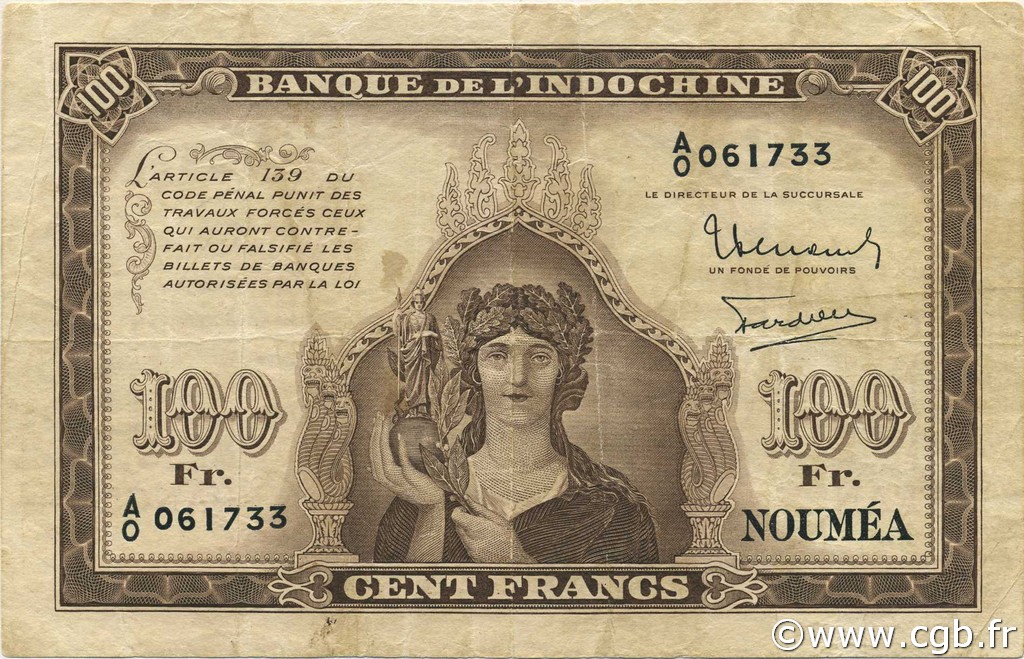 100 Francs NEW CALEDONIA  1942 P.44 F - VF