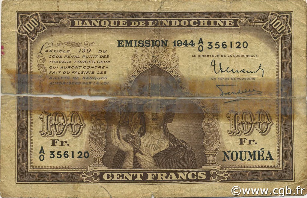 100 Francs NEW CALEDONIA  1944 P.46b P