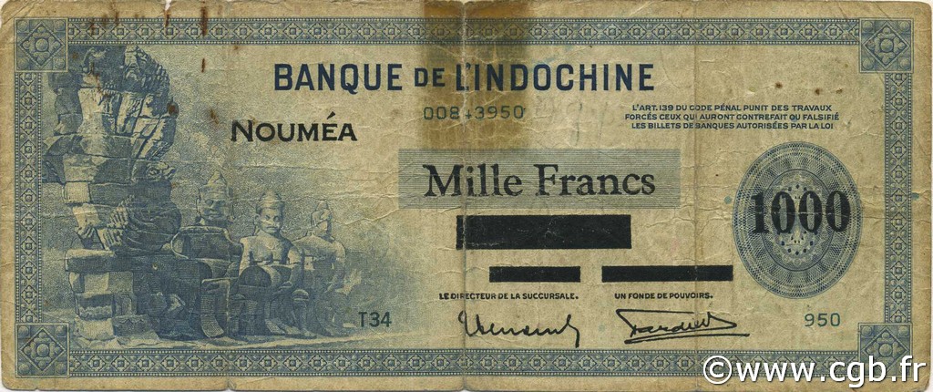 1000 Francs NOUVELLE CALÉDONIE  1943 P.45 VG