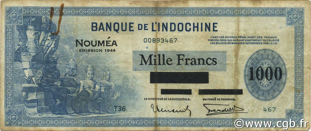 1000 Francs NOUVELLE CALÉDONIE  1944 P.47b BC+