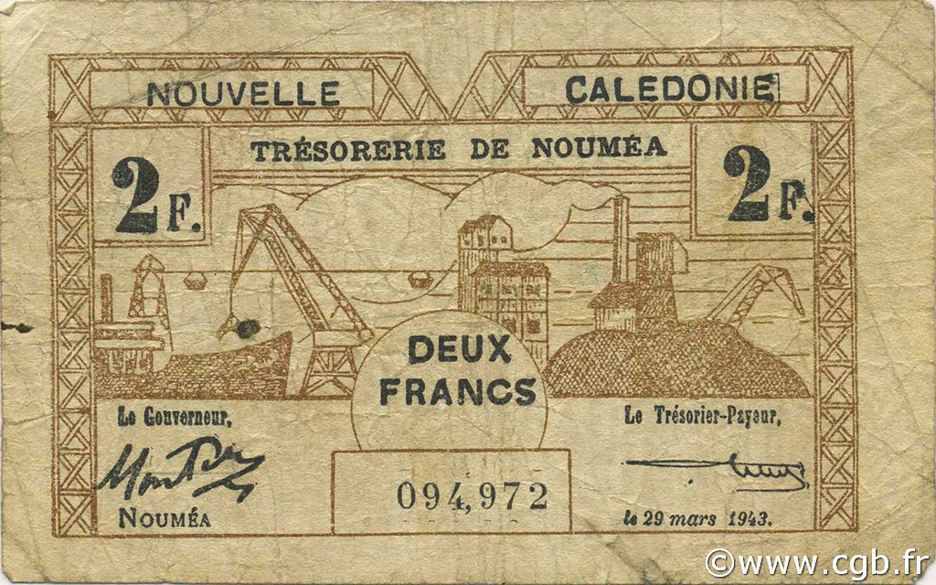 2 Francs NOUVELLE CALÉDONIE  1943 P.56b VG