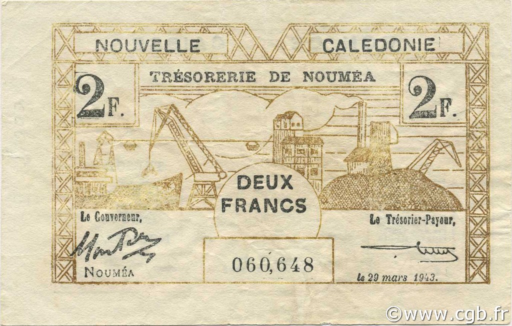 2 Francs NEW CALEDONIA  1943 P.56a VF