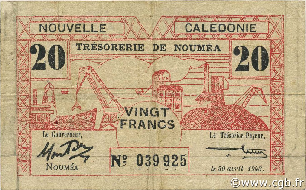 20 Francs NOUVELLE CALÉDONIE  1943 P.57a TB à TTB