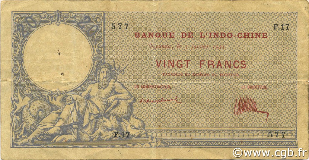 20 Francs NEW CALEDONIA  1921 P.20 F - VF