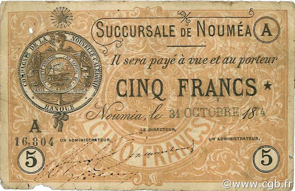 5 Francs NOUVELLE CALÉDONIE Nouméa 1874 P.02 RC+