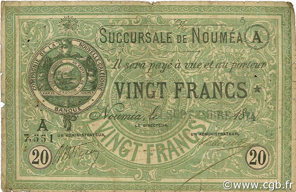 20 Francs NOUVELLE CALÉDONIE Nouméa 1874 P.03 RC+