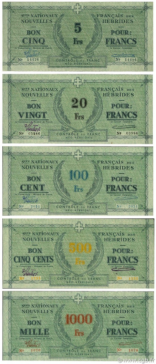 5, 20, 100, 500, 1000 Francs Annulé NUEVAS HÉBRIDAS  1943 P.01-02-03-03A-03B SC+