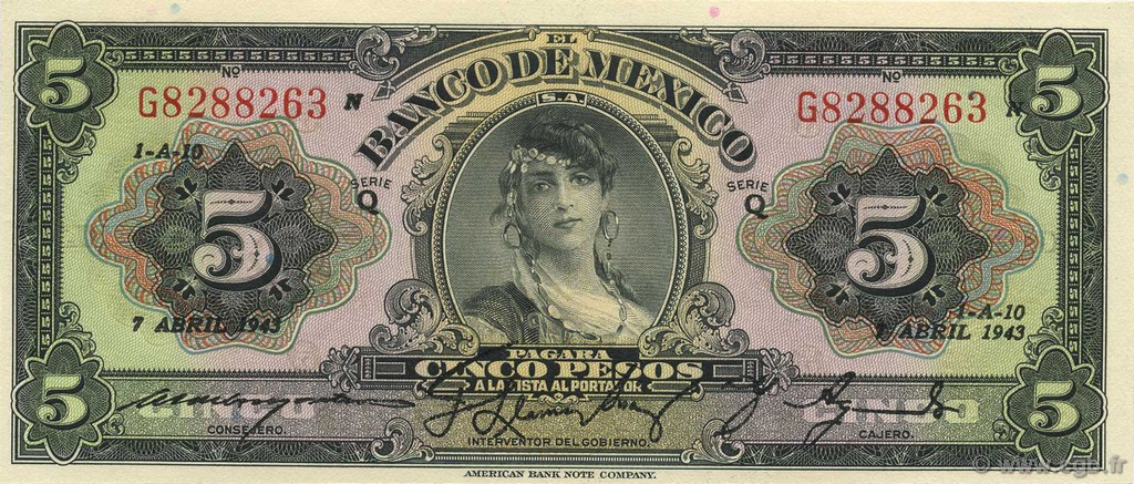 5 Pesos MEXICO  1943 P.034e ST