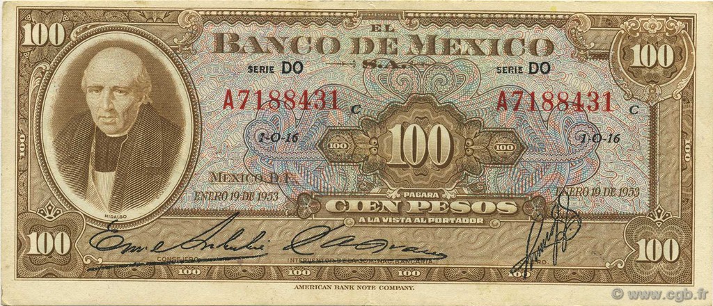 100 Pesos MEXICO  1953 P.055b XF