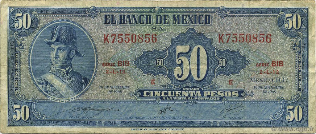 50 Pesos MEXICO  1969 P.049r F