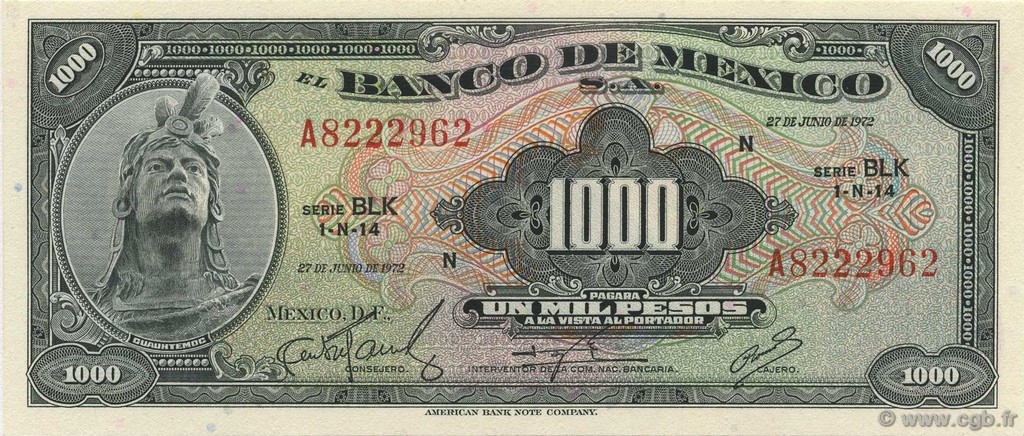 1000 Pesos MEXICO  1972 P.052p UNC