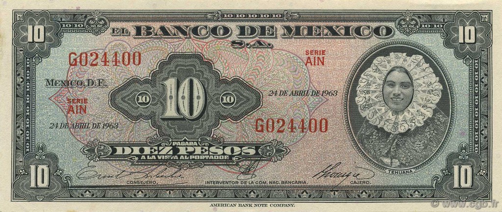 10 Pesos MEXICO  1963 P.058j fST