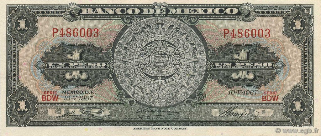 1 Peso MEXICO  1967 P.059j UNC