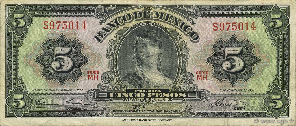 5 Pesos MEXIQUE  1961 P.060g TTB